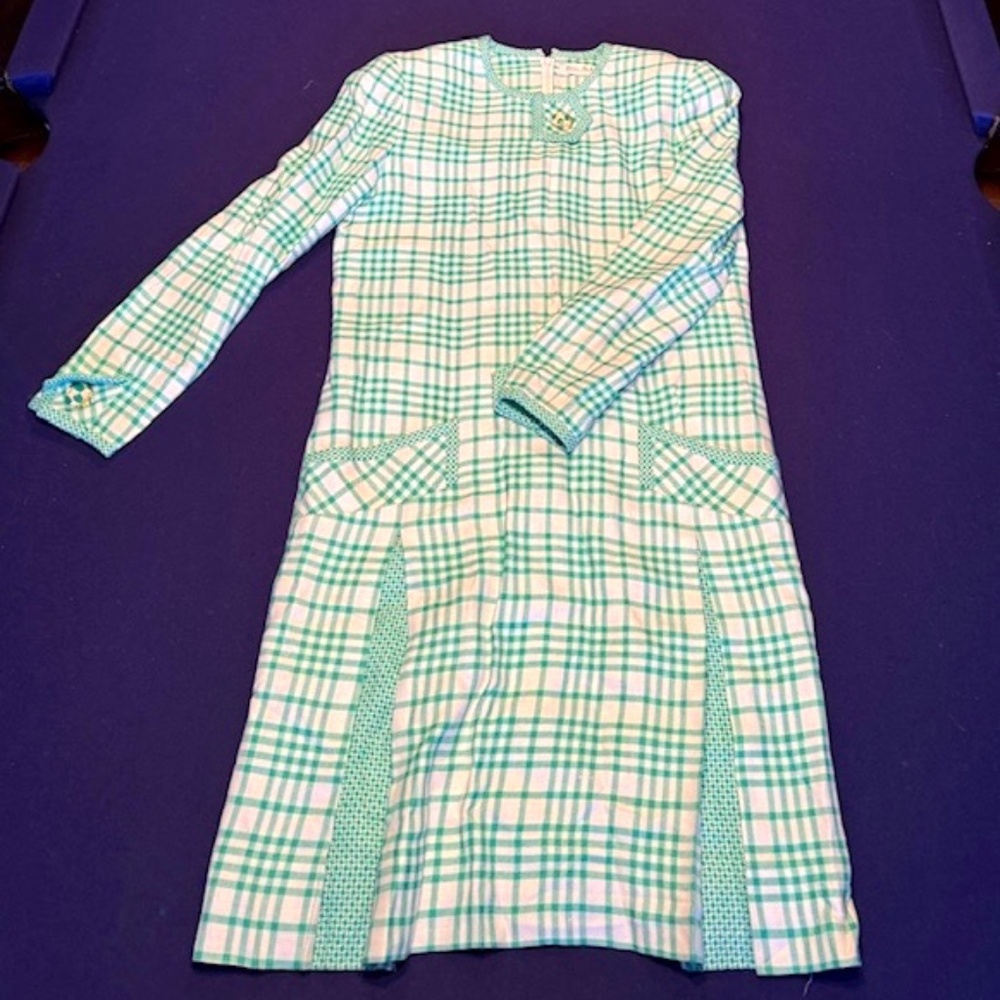 Bill Blass Vintage Green And White Checkered Long Sleeve Dress Womens Size 8